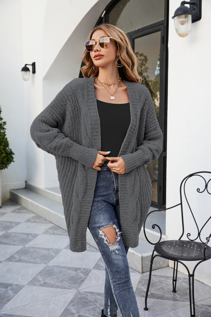Cárdigan de punto de felpa de manga larga de color liso informal de invierno para mujer