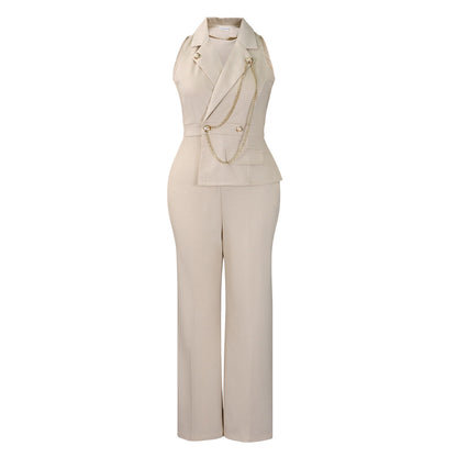 Women Fashion Casual Lapel Sleeveless Chain Wide Leg Jumpsuit