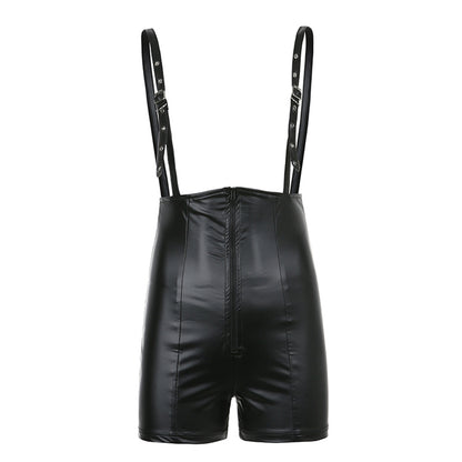 Women Leather Casual Waist Hip Raise Pu Leather Bibs Shorts