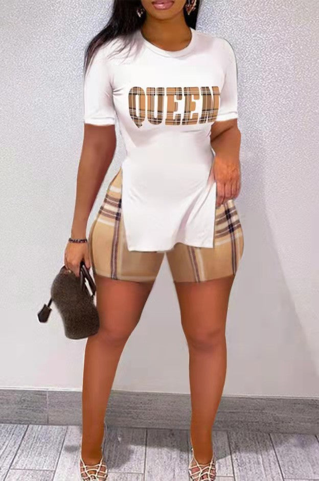 Conjunto de dos piezas de chándal informal para mujer, camiseta de manga corta con estampado de letras y pantalones cortos de motociclista.