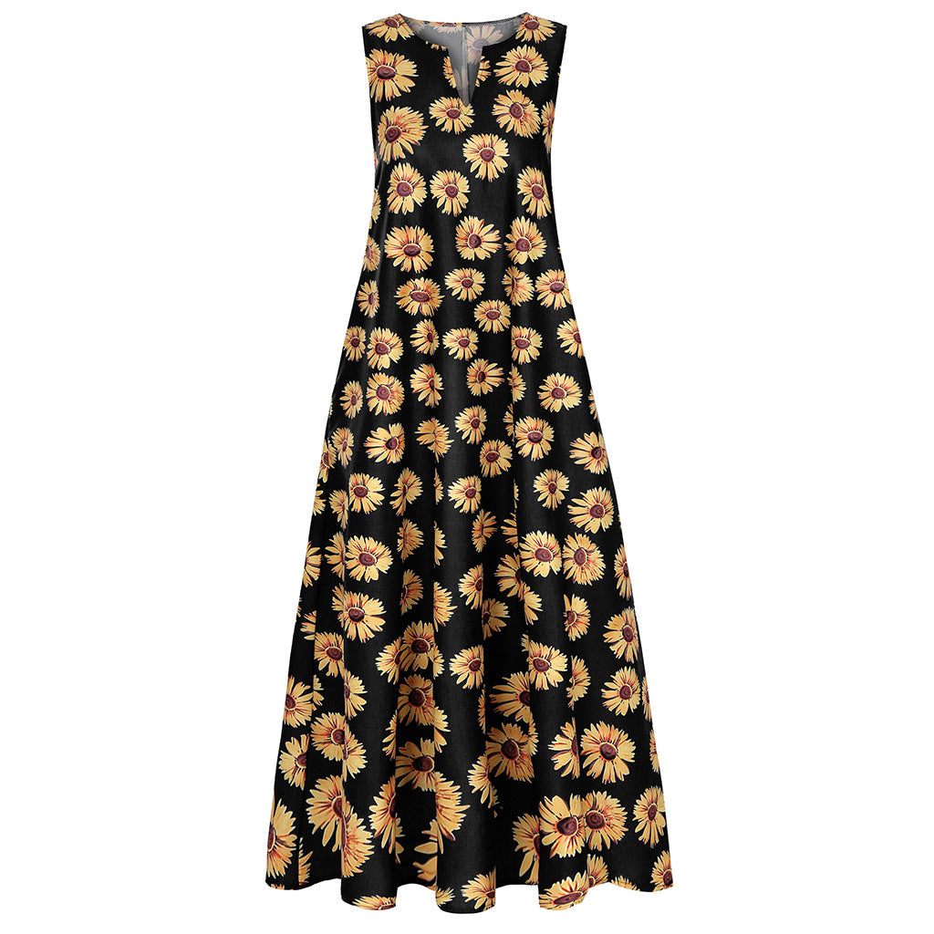Women Boho Sunflower Printed Sleeveless Casual V-Neck Loose Vacation Maxi Dress