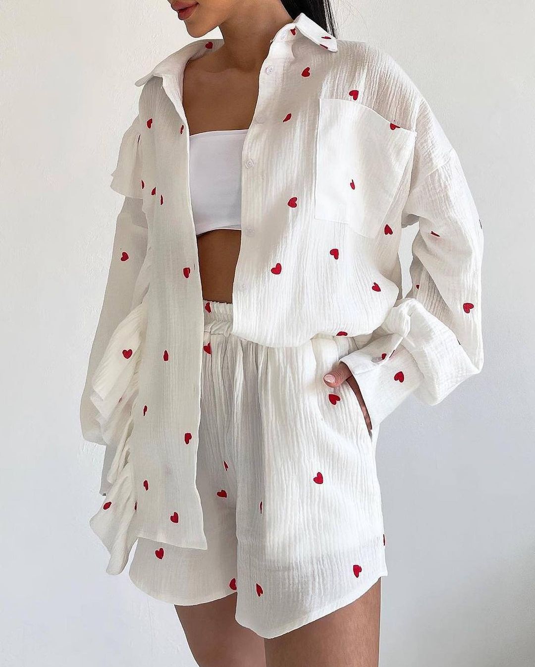 Fashion Casual Sweet Women Heart Floral Print Long Sleeve Ruffled Blouse And Shorts Set