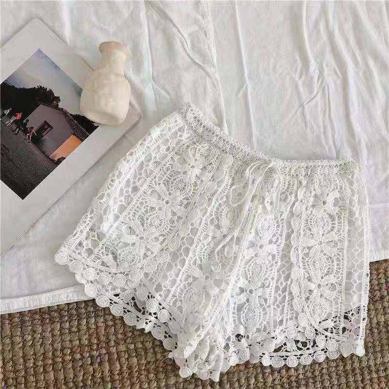 Women Summer Solid Color Crochet Hollow High Waist Casual Shorts