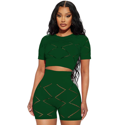 Conjunto de dos piezas de top corto y pantalones cortos de manga corta con aberturas de color liso informal para mujer