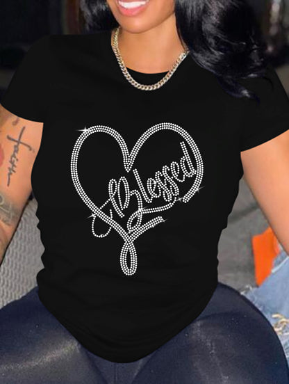 Camiseta informal holgada de talla grande para mujer, cuello redondo, manga corta, estampado de corazón de diamante