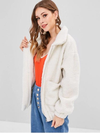 Abrigo de peluche de manga larga con bolsillo y solapa de color liso para mujer, informal, de invierno