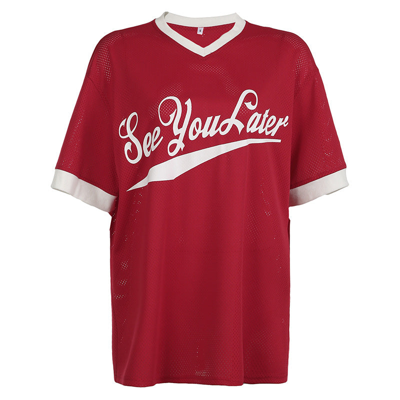 Camiseta informal de verano para mujer con estampado de letras, cuello redondo y manga corta