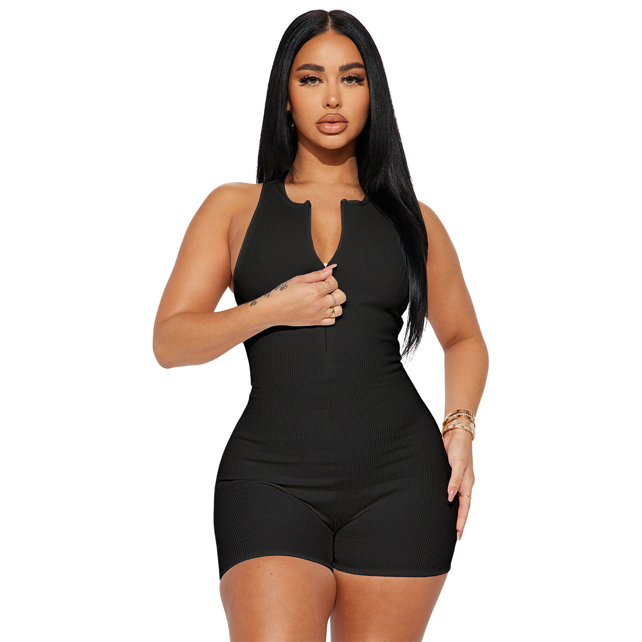 Women'S Fashion Casual Rib-Knit Sleeveless Sport Zipper Romper