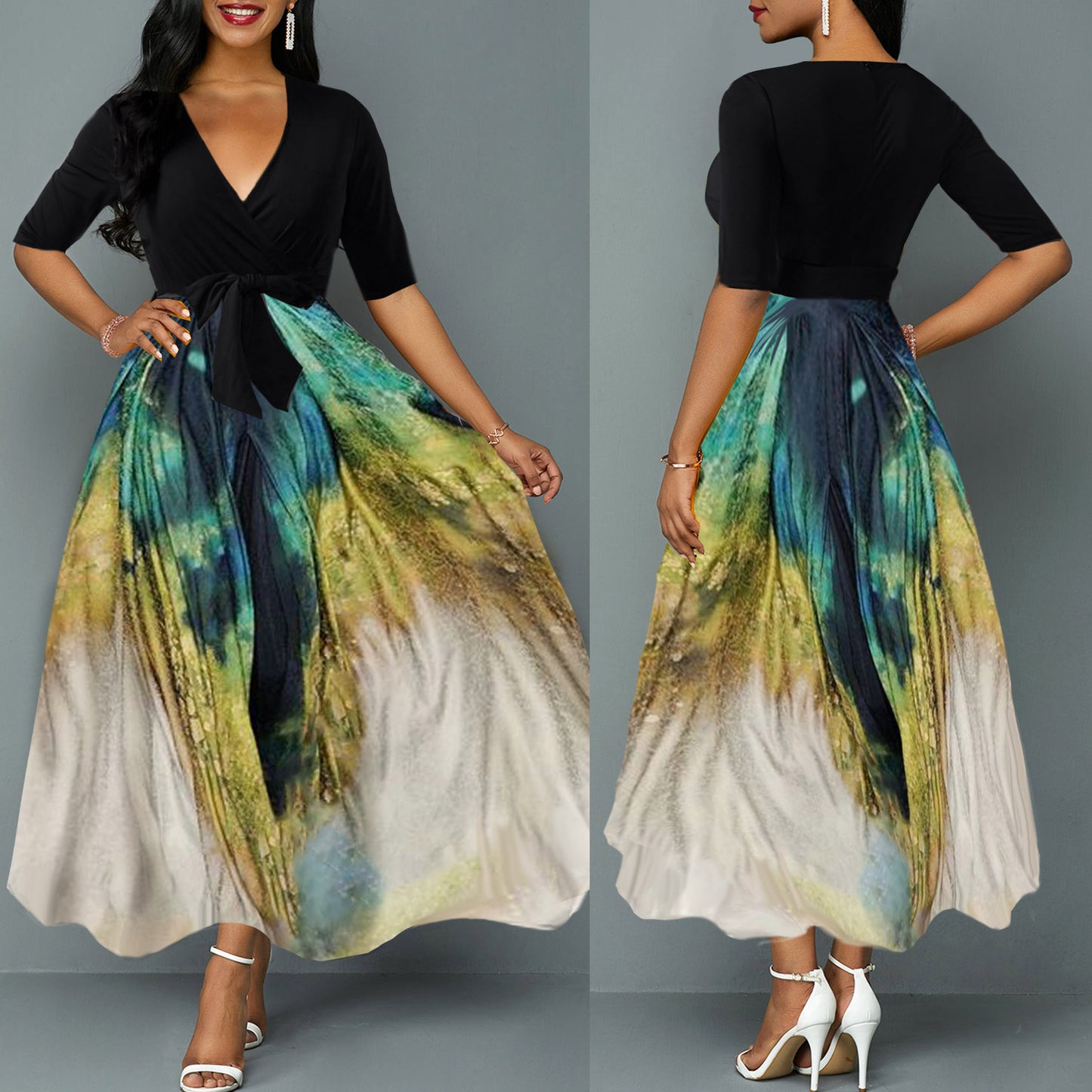 Women Fashion Casual Elegant V-Neck Printed Maxi Dress