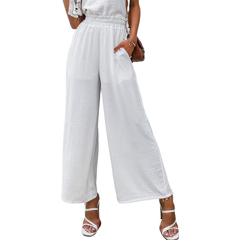 Pantalones casuales de color sólido con cintura alta y pierna ancha para mujer