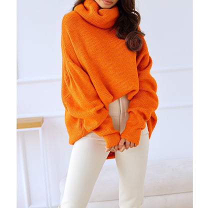 Women Fashion Casual Solid Color Pile Collar Plus Size Loose Knitted Sweater