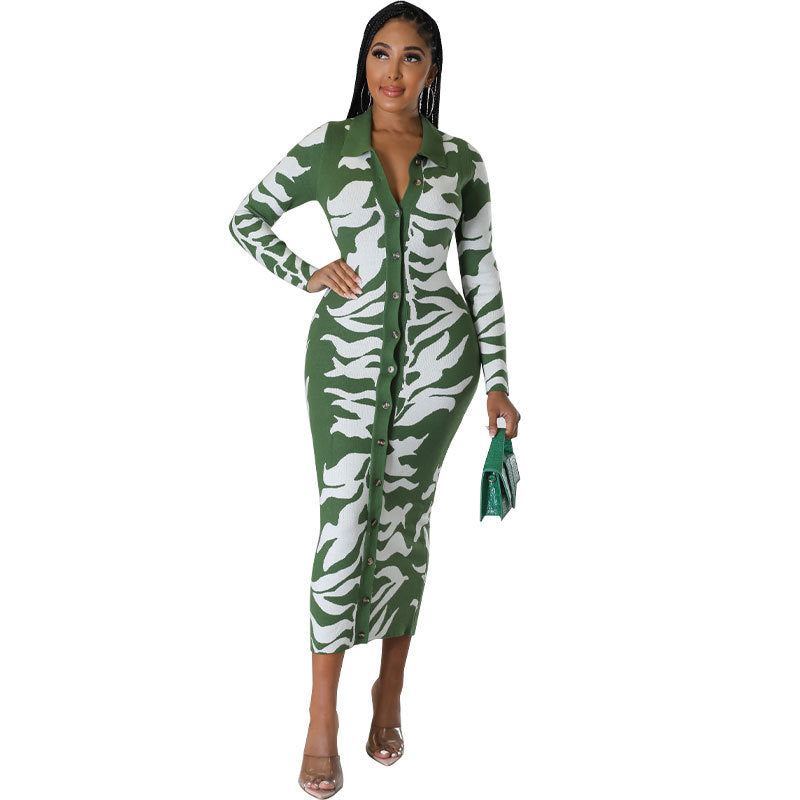 Women Fashion Casual Printed Lapel Long Sleeve Single Breasted Dress