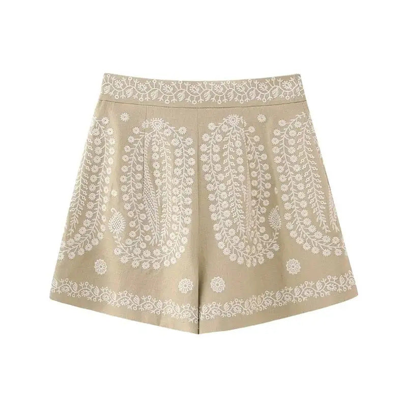 Women Fashion High Waist Embroidered Solid Color Casual Shorts