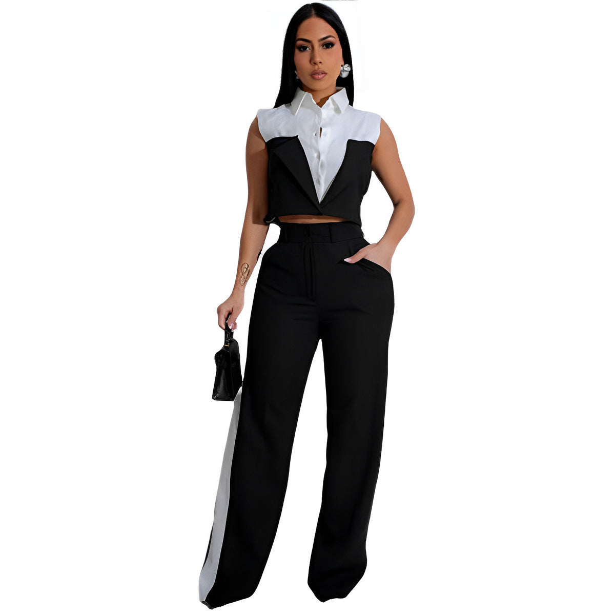 Conjunto de dos piezas de top corto sin mangas con solapa y pantalones ajustados con contraste de color para mujer