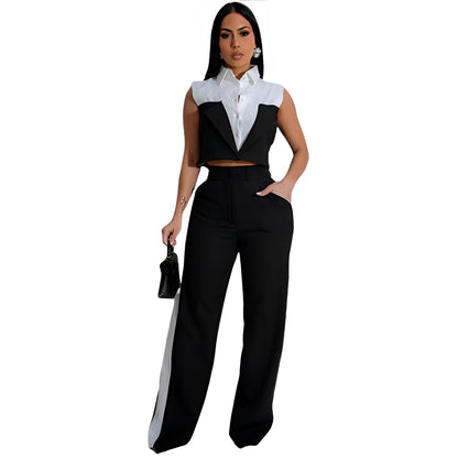 Conjunto de dos piezas de top corto sin mangas con solapa y pantalones ajustados con contraste de color para mujer