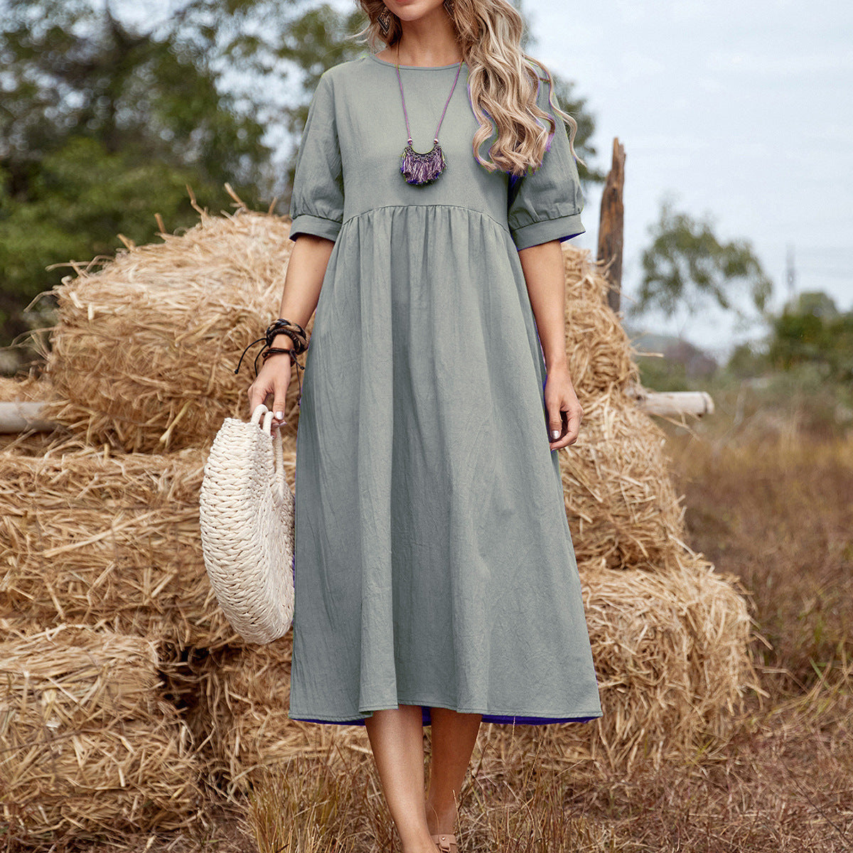 Women Casual Solid Color Loose Midi Short Sleeves Round Neck Dress