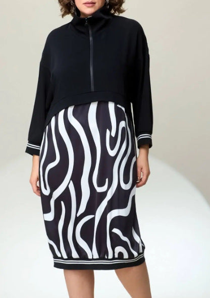 Vestido informal de manga larga con cremallera y estampado geométrico de talla grande para mujer
