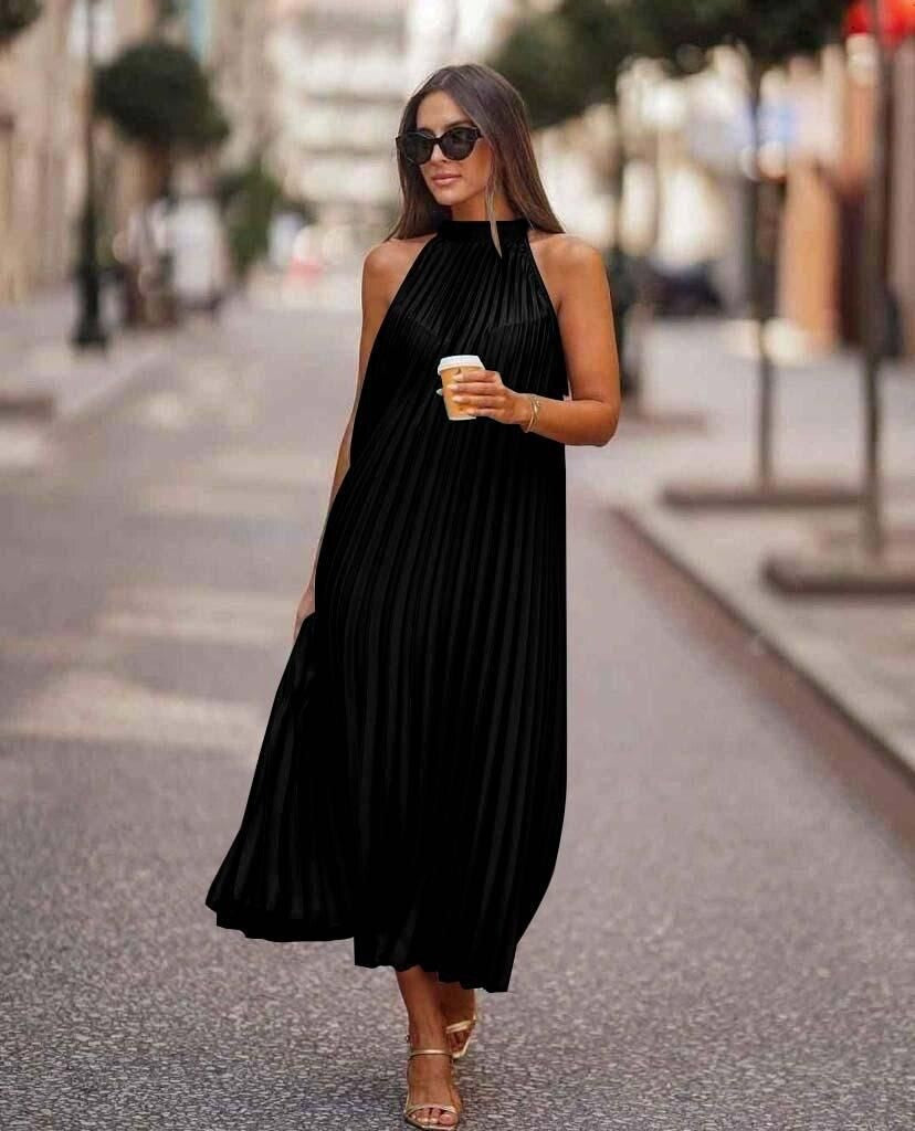 Vestido plisado sin mangas con cuello redondo informal a la moda para mujer