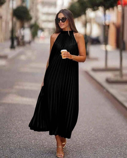 Vestido plisado sin mangas con cuello redondo informal a la moda para mujer