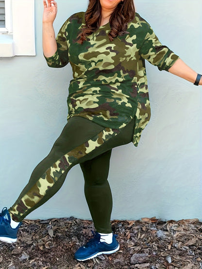 Conjunto de top y pantalones ajustados de manga larga con cuello redondo y estampado de camuflaje informal para mujer