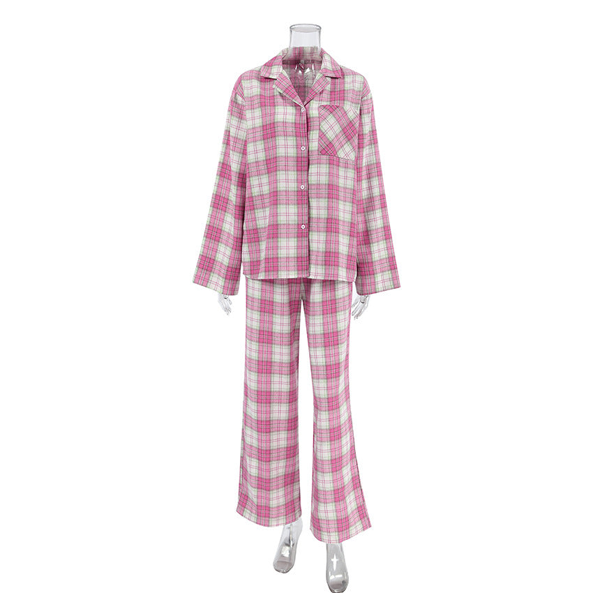 Conjunto de pijama informal de manga larga con solapa y pantalones holgados a cuadros rojos para mujer