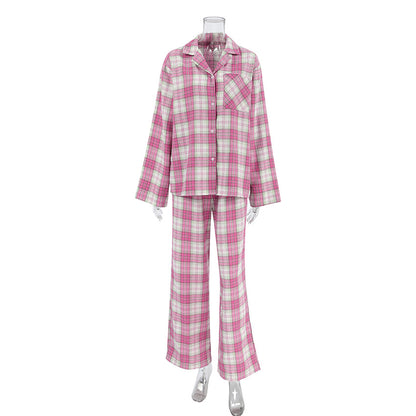 Conjunto de pijama informal de manga larga con solapa y pantalones holgados a cuadros rojos para mujer