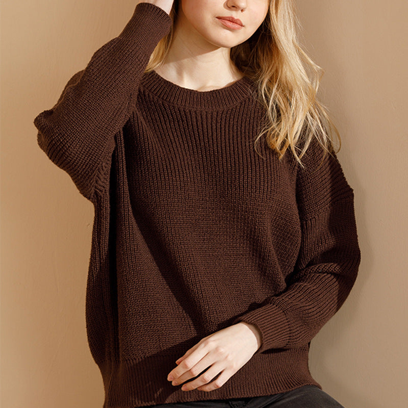 Suéter de punto de color liso con cuello redondo informal a la moda para mujer