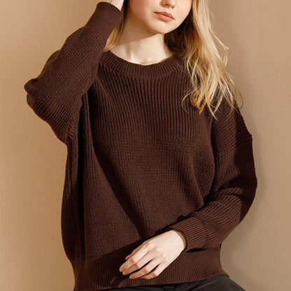 Suéter de punto de color liso con cuello redondo informal a la moda para mujer