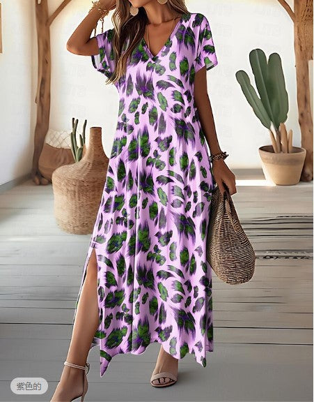 Women Casual Summer Graphic Feather Print Side Slit V-Neck Short Sleeve Regular Maxi Dress