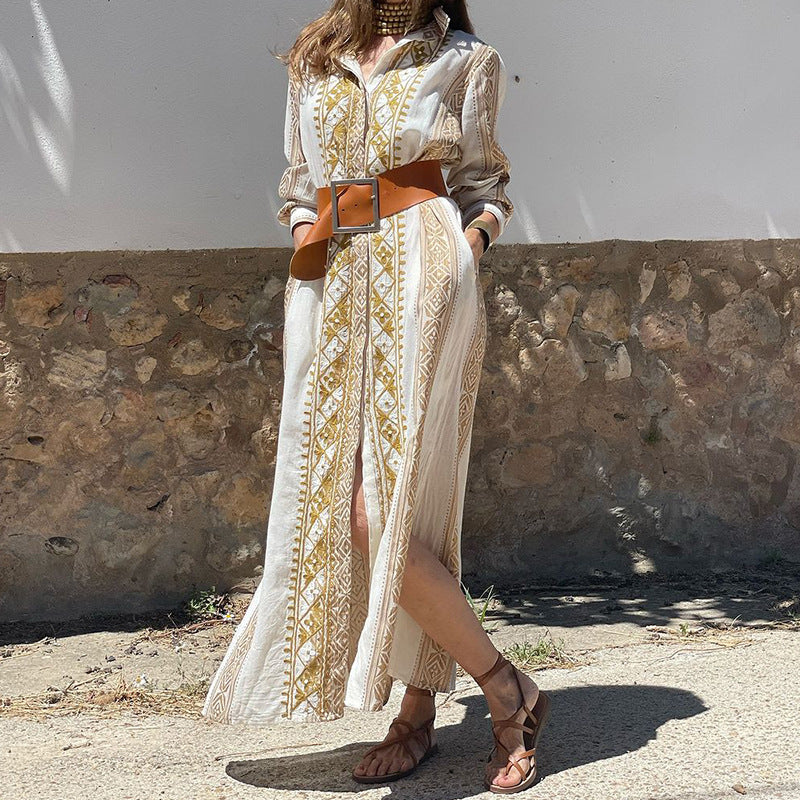Women Casual Bohemian Print Long Sleeve Maxi Dress