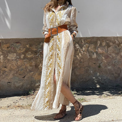Women Casual Bohemian Print Long Sleeve Maxi Dress