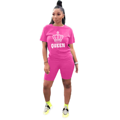 Conjunto deportivo informal de dos piezas para mujer: camiseta de manga corta con cuello redondo y pantalones cortos de color liso