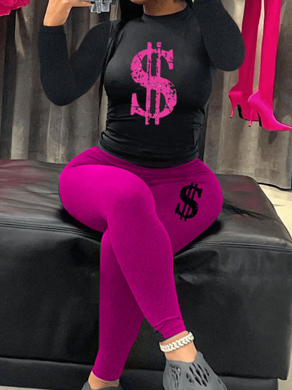Women Fashion Dollar Printed Round Neck Long Sleeve Top And Pants Sports Casual Two-Pieces Set