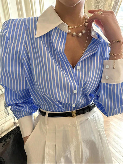 Blusa informal de manga larga con solapa y rayas para mujer