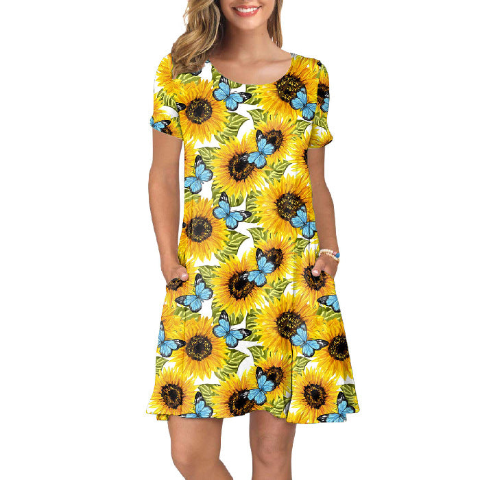 Crewneck Floral Sunflower Printed Women Casual Short Sleeve Pocket Dress