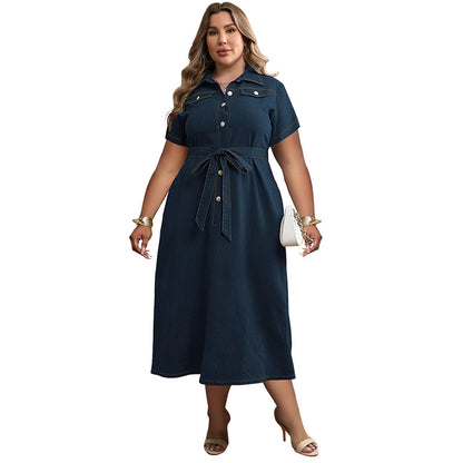 Women Fashion Casual Plus Size Lapel Short Sleeve Lace-Up Loose Denim Dress
