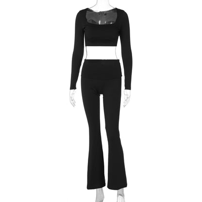Conjunto de dos piezas de top corto con cuello cuadrado y manga larga de color liso informal para mujer
