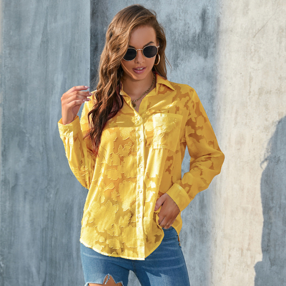 Blusa informal de gasa holgada con estampado floral y solapa de manga larga para mujer
