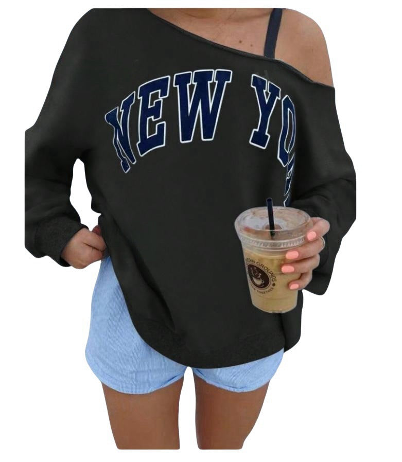 Sudadera informal holgada con estampado de letras y hombros descubiertos para mujer