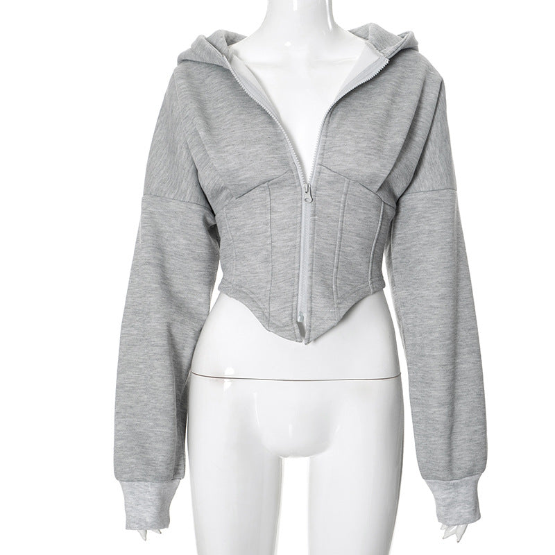 Women Fashion Autumn And Winter Casual Zipper Long Sleeve Hooded Cardigan Short Jacket