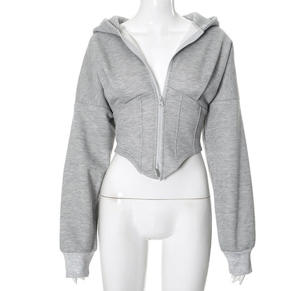 Women Fashion Autumn And Winter Casual Zipper Long Sleeve Hooded Cardigan Short Jacket