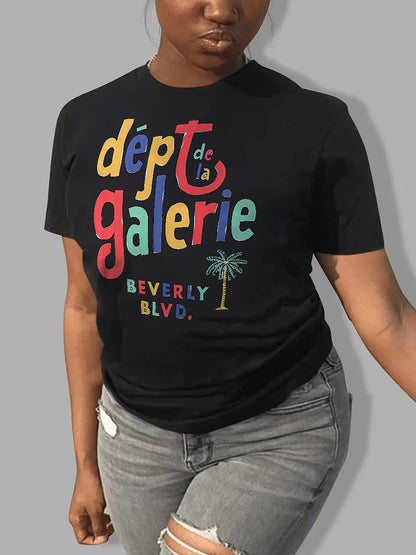 Camiseta informal de manga corta con cuello redondo y estampado de letras para mujer