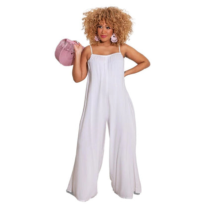 Women Fashion Casual Solid Color Spaghetti Strap Loose Jumpsuits