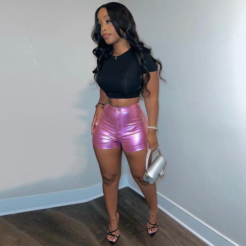 Women'S Fashion Casual PU Leather Shiny Elastic Shorts