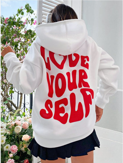 Sudadera con capucha de manga larga con estampado de letras en la espalda, holgada e informal para mujer