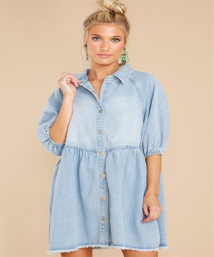Women Fashion Casual Lapel Shirt Denim Dress