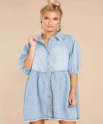 Women Fashion Casual Lapel Shirt Denim Dress