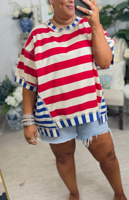 Camiseta informal holgada de verano con estampado de rayas y talla grande para mujer