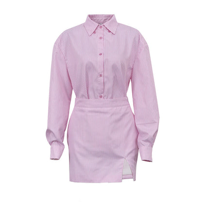 Conjunto de dos piezas de blusa de manga larga con solapa y rayas informales a la moda para mujer