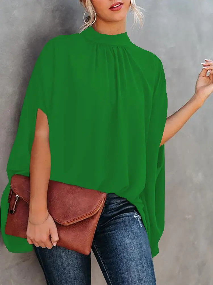 Blusa elegante informal holgada con mangas murciélago y cuello redondo para mujer, ideal para oficina y verano